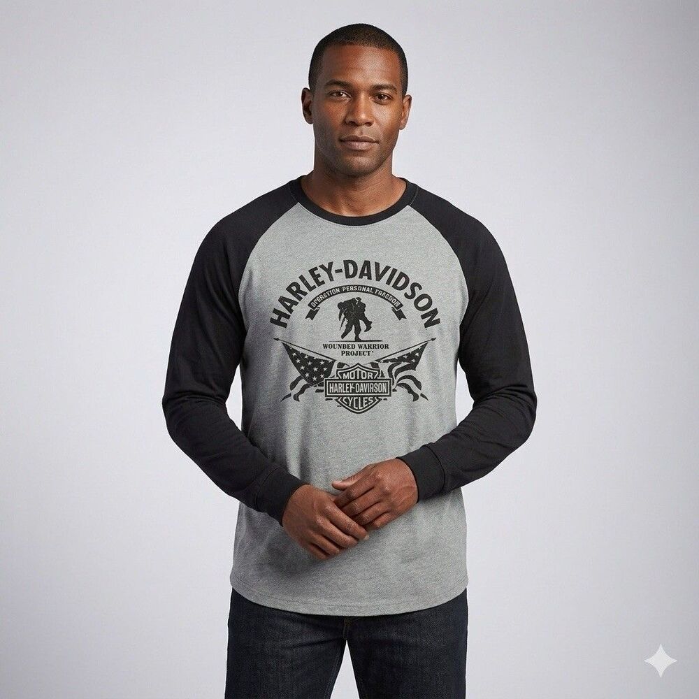 Harley Davidson Mens XL Wounded Warrior Project Long Sleeve Shirt Raglan Gray